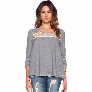 Free People Womens Lacey Love Lattic Detail Grey‎ Long Sleeve Boho Blouse XS